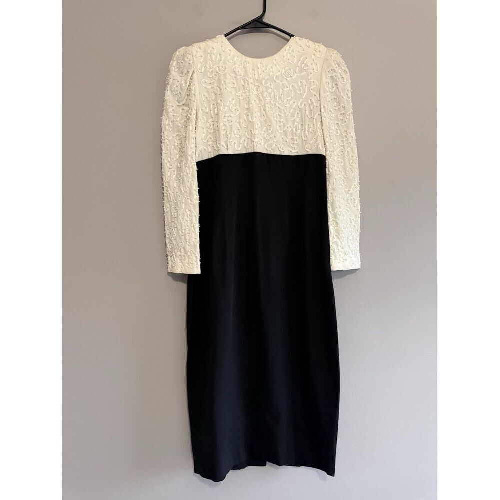 Vtg Sarah Elizabeth Evening Cocktail Dress Pearls‎ Modest Black Ivory 10 Petite